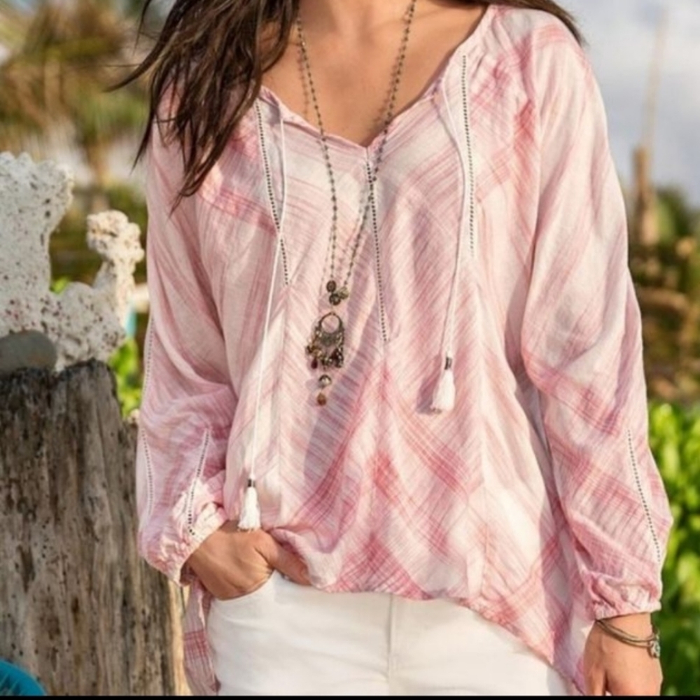 Sundance Daybreak Tasseled Plaid Peasant Top Tunic Pink XS